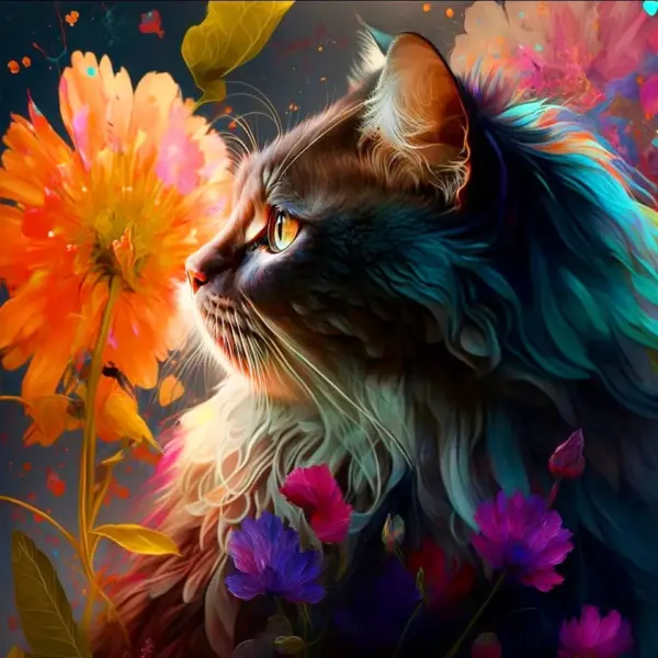 Cat Gazing at a Sunflower